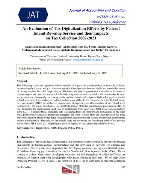 Pdf Evaluation Of Tax Digitalization Efforts By Federal Inland Revenue Service And Their