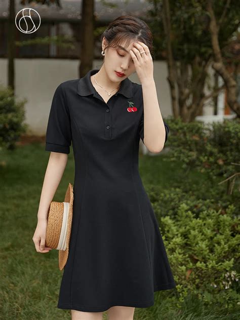 Dushu Slightly Fat Lady Polo Collar Short Regular Sleeve Cherry Embroidery Above Knee Dress Mid