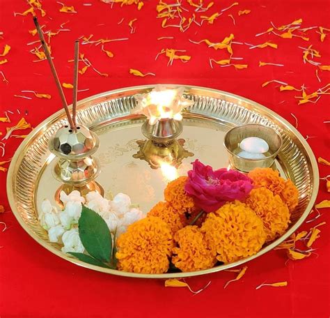 Is Beautiful Pure Brass Pooja Thali Set With Laxmi Ganesh Carving