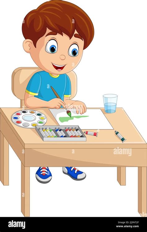 Dibujos animados niño pequeño pintando en el escritorio Imagen Vector ...