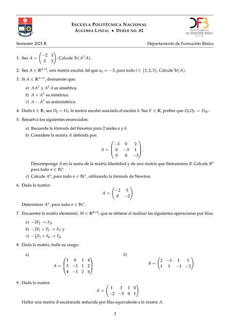 Deber 02 De Algebra Lineal Algebra Lineal EPN Studocu