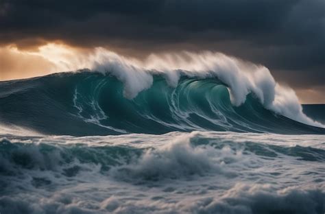 Ondas gigantes de tsunami céu escuro e tempestuoso tempestade perfeita