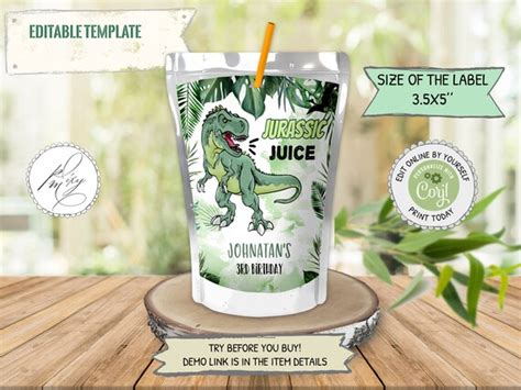 Editable T Rex Capri Sun Labels Dinosaur Birthday Party Etsy Uk