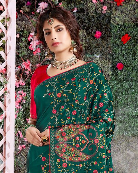 Vishal Prints Green Satin Saree With Embroidery And Diamond Work