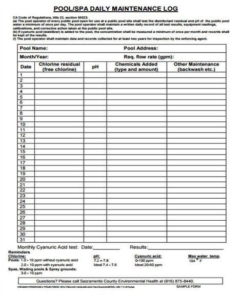 Printable Pool Chemical Log Template