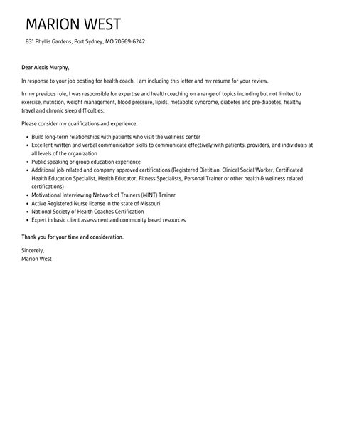 Health Coach Cover Letter Velvet Jobs