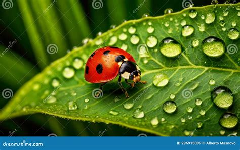 Macro Photography Of A Ladybug Above A Green Leaf With Dew Drops