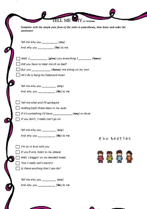 Song Worksheet: Tell Me Why by The Beatles (Simple Past)