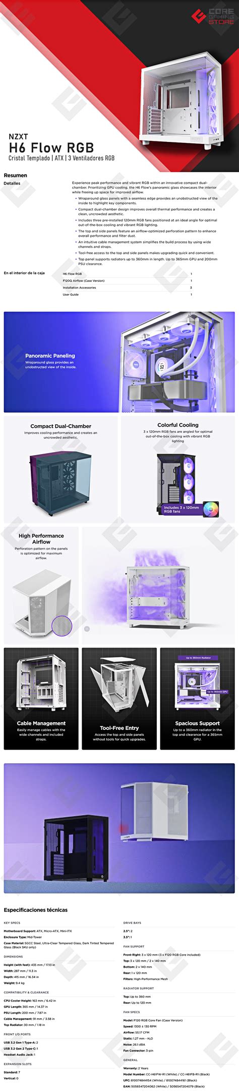 Gabinete Nzxt H Flow Rgb Blanco Atx Cristal Templado Ventiladores