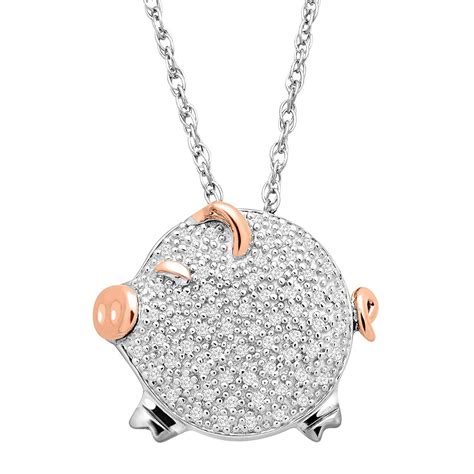 15 Ct Diamond Pig Pendant Necklace In Sterling Silver And 14k Rose