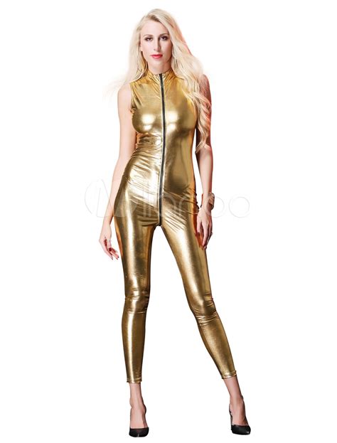 Pole Dancing Catsuit Faux Leather High Collar Zip Up Sexy Clubwear