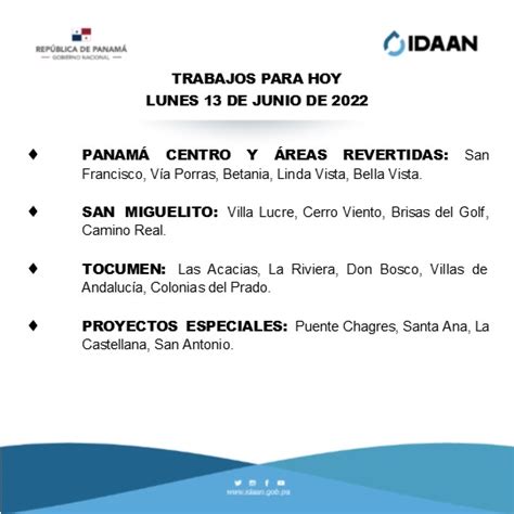 IDAAN On Twitter Metro Trabajos Para Hoy Lunes 13 De Junio De 2022