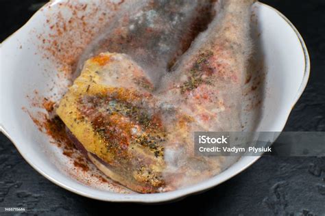 Rotten And Moldy Chicken Meat Bad Conditions Of Preservation Close Up Spoiled Food Fungus