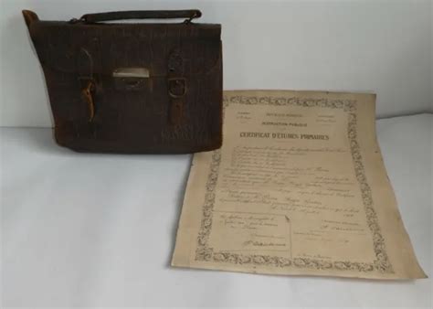 Ancien Petit Cartable En Cuir D Colier Et Son Certificat D Tudes