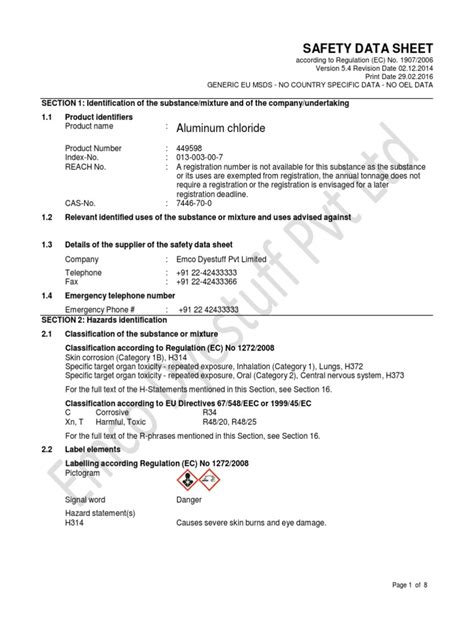 Msds Aluminium Chloride040316104838100 Pdf Toxicity Personal Protective Equipment