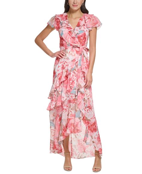 Eliza J Womens Floral Print Chiffon Asymmetrical Ruffled Faux Wrap