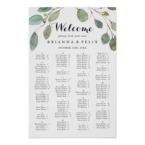 Greenery Calligraphy Alphabetical Seating Chart Zazzle Alphabetical