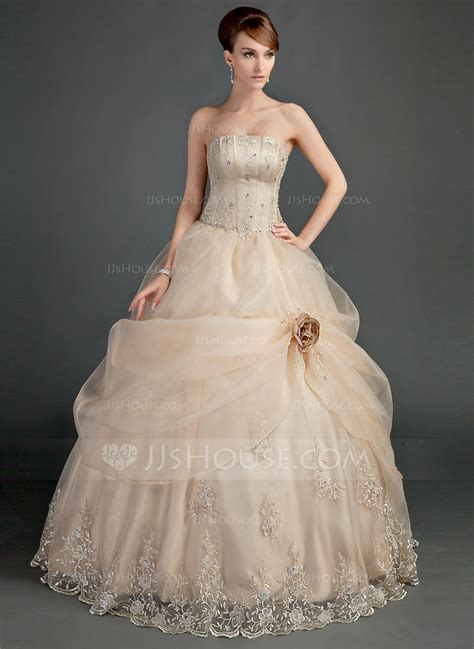 Ball Gown Strapless Floor Length Satin Organza Wedding Dress With