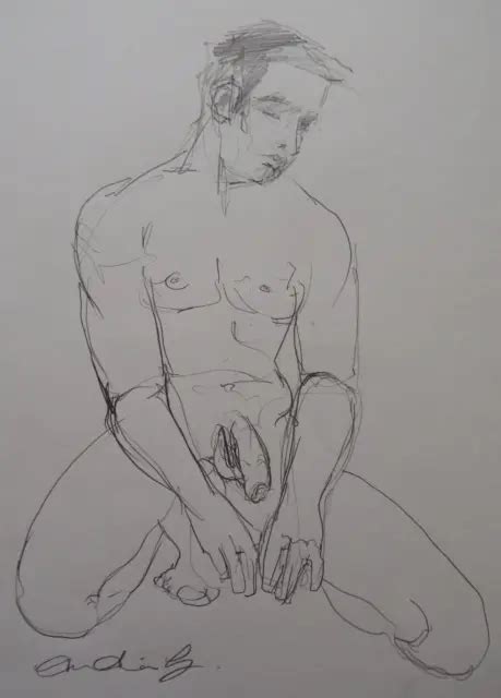 Original Pencil Drawing Sketch Of A Male Nude In Front Facing Crouching