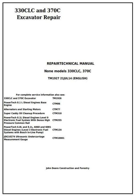 John Deere Clc C Excavator Repair Technical Manual Tm