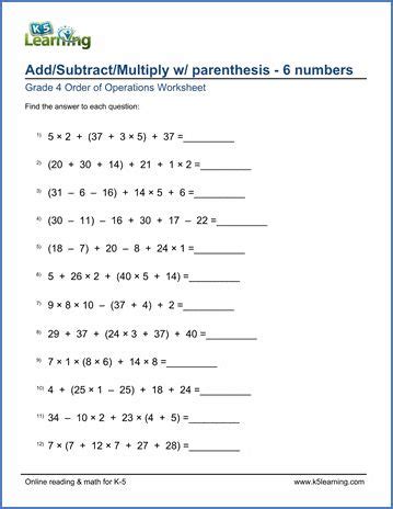 Free Th Grade Order Of Operations Worksheets Including Mixed Addition