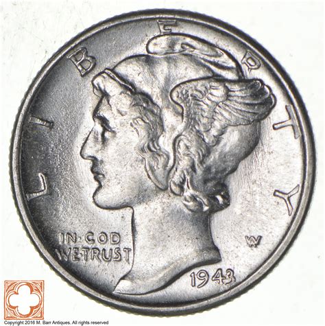 Ch Auunc 1943 Mercury Liberty Dime 90 Silver High Grade