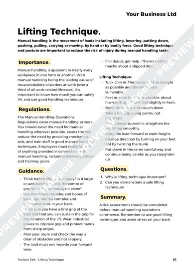 Manual Handling Toolbox Talk Template