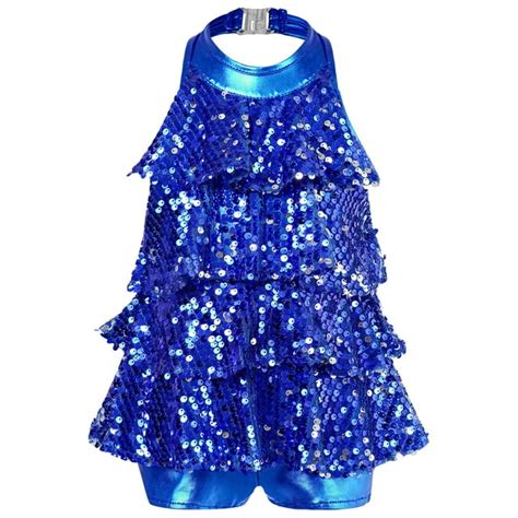 Renvena Kids Girls Sleeveless Shiny Sequins Halter Tassel Dress Latin