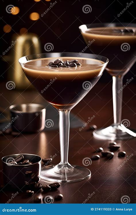 Espresso Martini Aperitif With Coffee Beans In Glass On A Dark