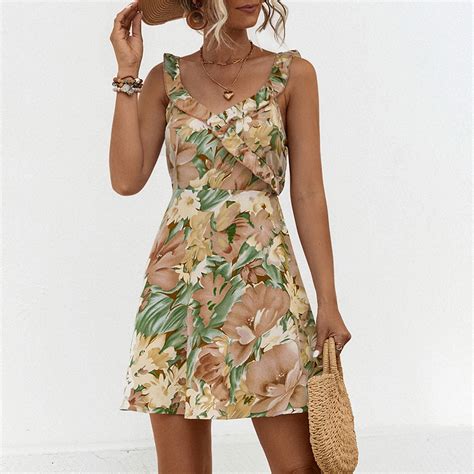 Munlar Sleeveless Womens Sun Dress Coffee Short Ruffles Boho A Line