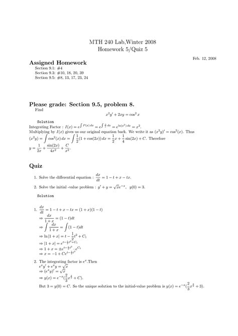 Homework Problems And Other Stuff For Practice And Exam MTH 240 Lab