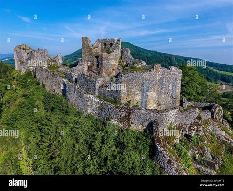 An Aerial Drone Shot Of The Ruins Of Alt Bechburg Castle In Habsburg