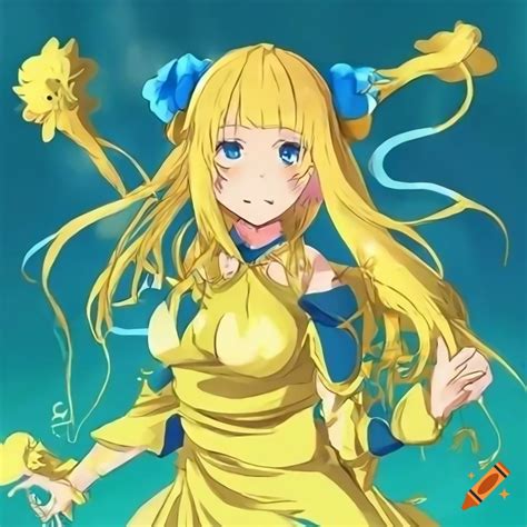 Full Body Image Of A Magical Yellow Female Anime Character With Blue Skin On Craiyon