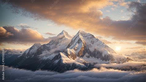 Mountain peak at sunrise, A majestic mountain peak with a golden ...