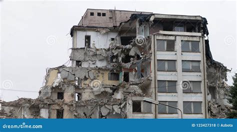 Broken Down Large Building During Demolition Image Stock Photo