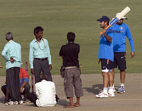 Ms Dhoni Has A Chat With The Groundsmen While Harbhajan Singh Inspects