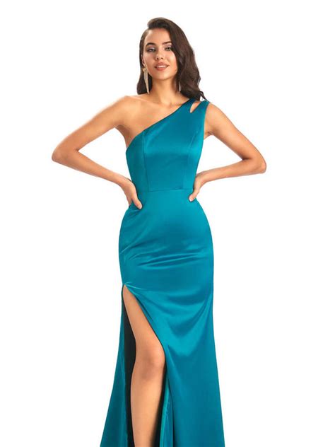 Hot Soft Satin Side Slit One Shoulder Floor Length Mermaid Bridesmaid Dresses Chicsew