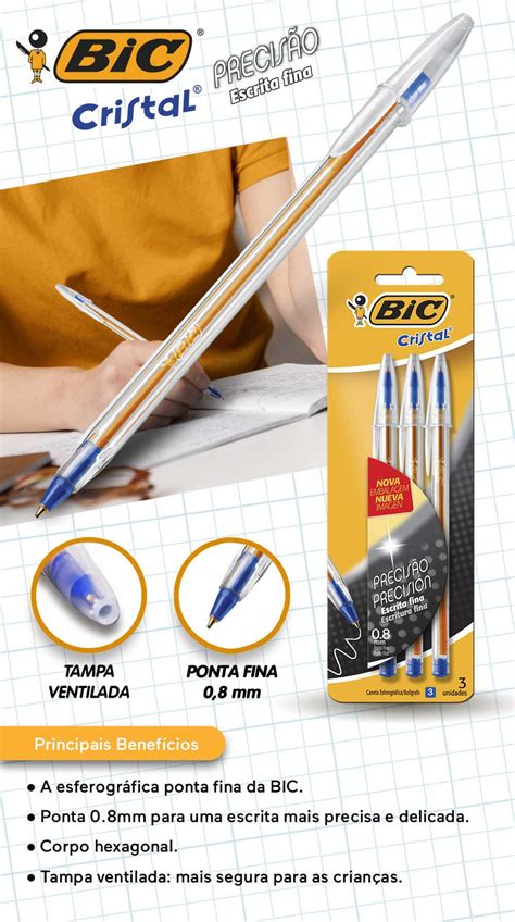 Caneta Esferogr Fica Bic Cristal Precis O Azul Ponta Fina De Mm