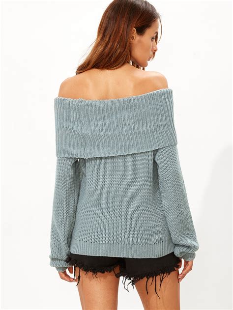 Green Foldover Off The Shoulder Sweater Shein Sheinside