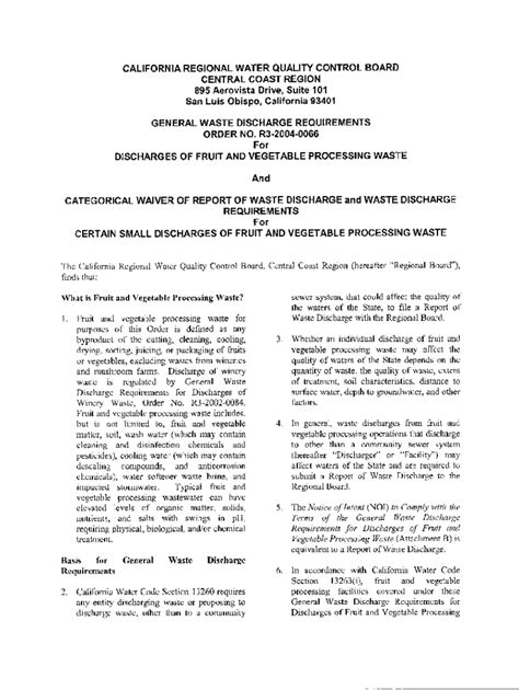 Fillable Online General Waste Discharge Requirements Order No R