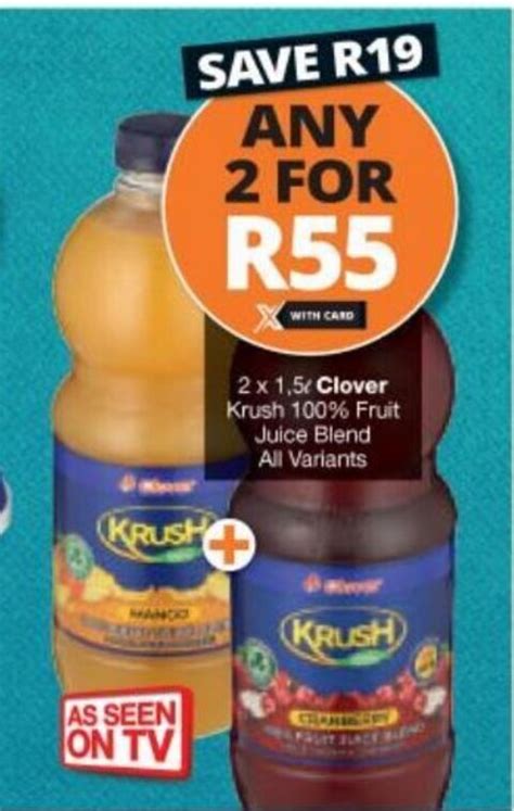 Clover Krush 100 Fruit Juice Blend All Variants 2 X 1 5l Offer At Checkers