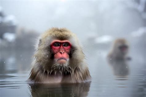 Japanese Snow Monkey Taking Bath In Hot Springs Amazing Wildlife Stock