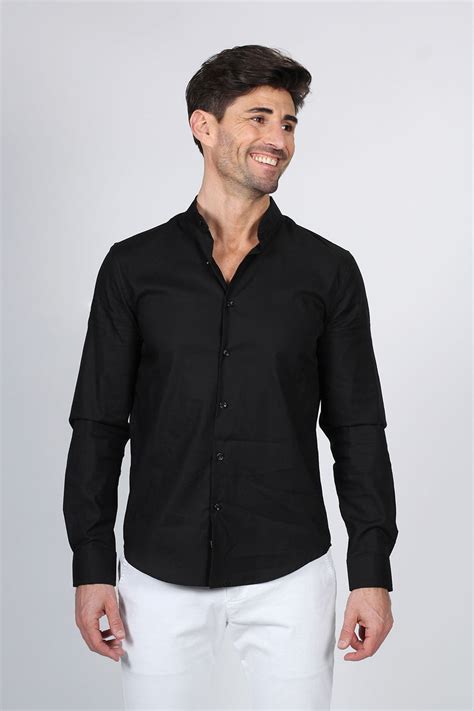 Camisas Hombre Casuales Moda Manga Larga Jackard Cuello Mao Negro B113 Bobois