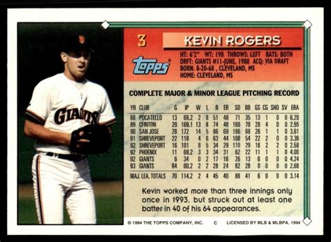 1994 Topps 3 Kevin Rogers San Francisco Giants Ebay