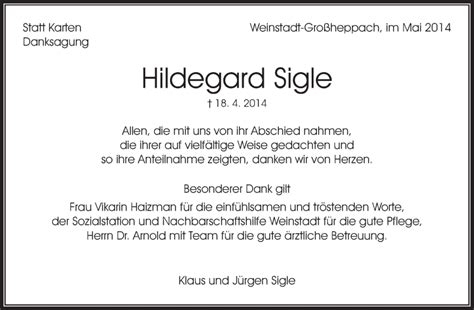 Traueranzeigen Von Hildgard Sigle Zvw Trauer