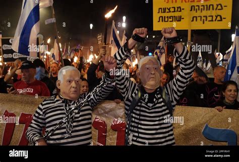 Tel Aviv Israel March Anti Government Protestors Wear Masks With