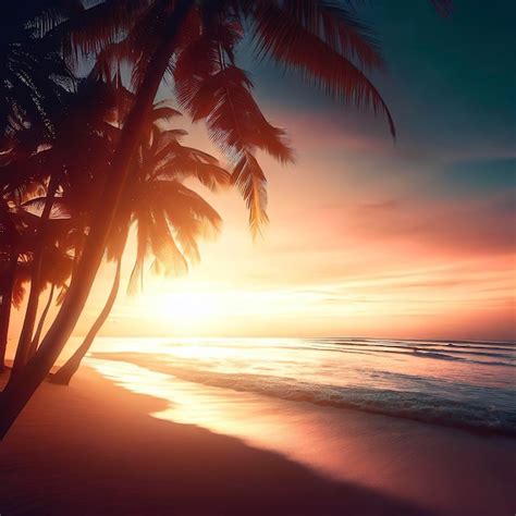 Una Playa Al Atardecer Con Palmeras Y Una Puesta De Sol Al Fondo Foto