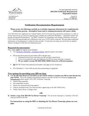 Fillable Online Finaid Wwu 20152016 Verification Requirements Finaid