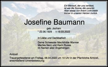 Traueranzeigen Von Josefine Baumann Schwaebische De Trauerportal