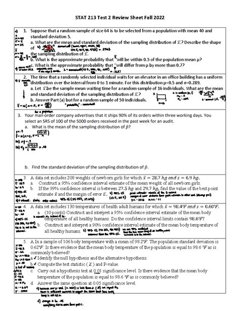 Statistics Stat Test Review Sheet Fall Part Stat